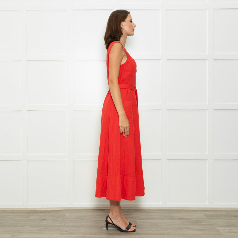 Saloni Red Button Up Sleeveless Belted Linen Blend Dress