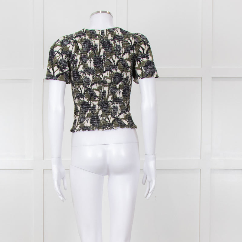 Me + Em Cream Green Black Floral Smocking Top