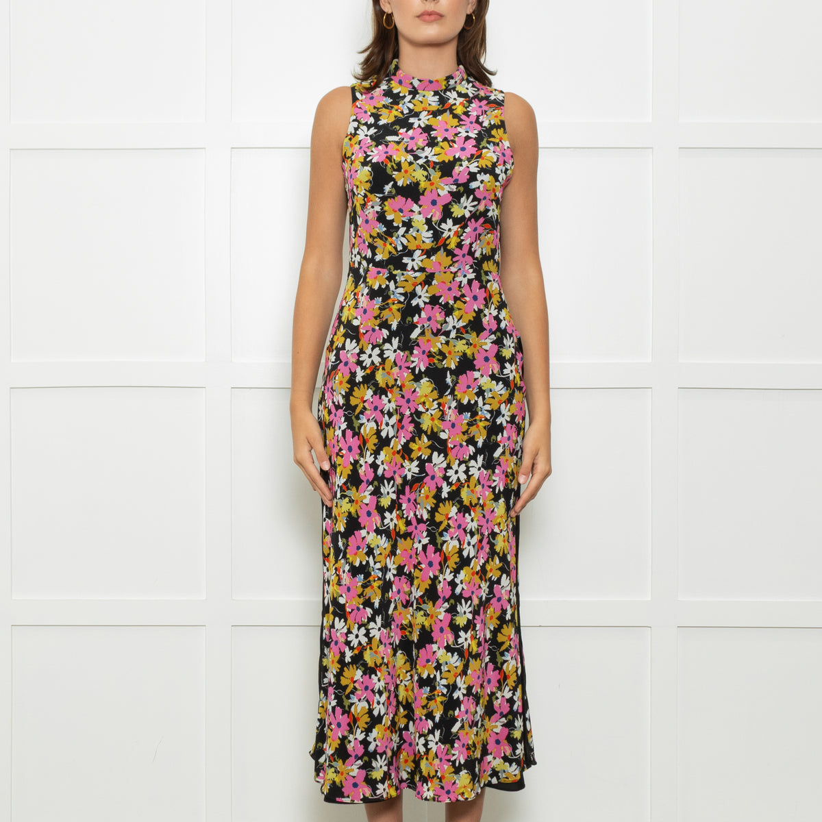 Saloni Black Pink White Floral Open Back Long Dress