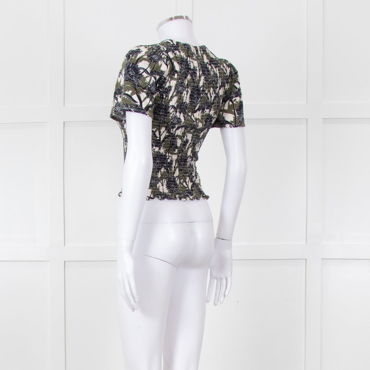 Me + Em Cream Green Black Floral Smocking Top