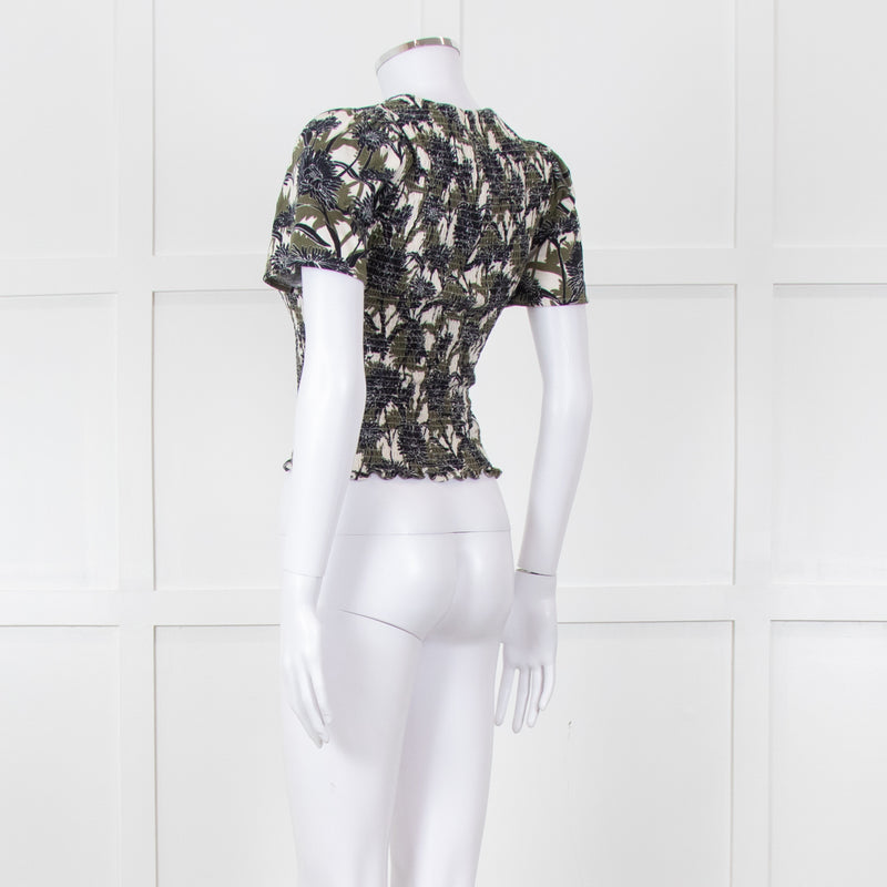 Me + Em Cream Green Black Floral Smocking Top