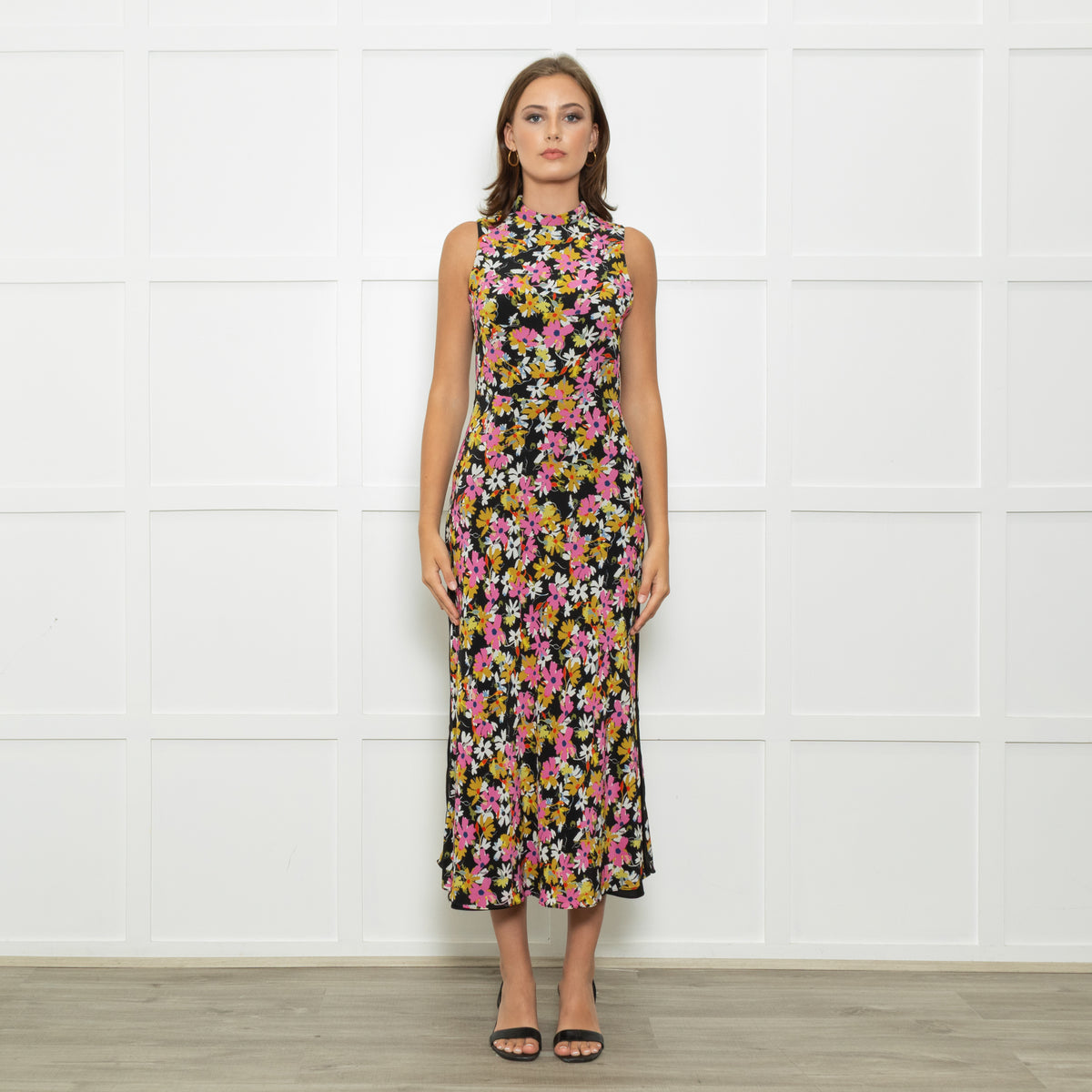 Saloni Black Pink White Floral Open Back Long Dress