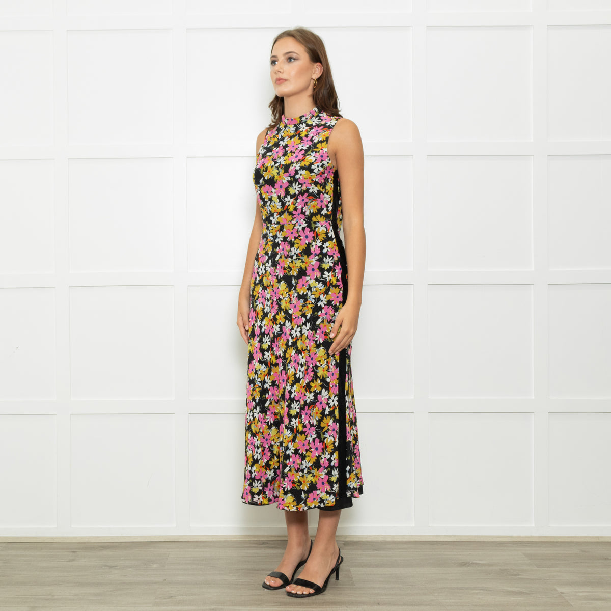 Saloni Black Pink White Floral Open Back Long Dress