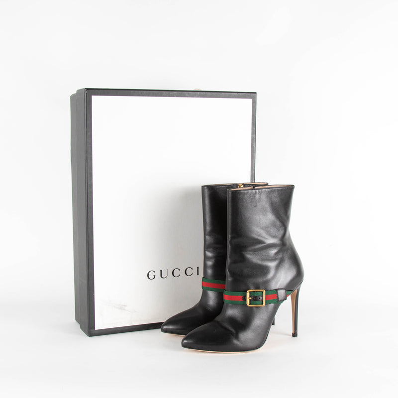 Gucci Black Charlotte Boots Red Green Gross Grain With Buckle