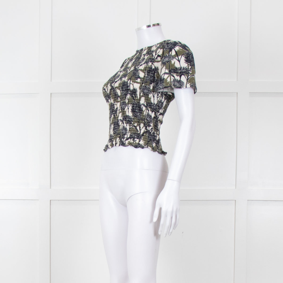Me + Em Cream Green Black Floral Smocking Top