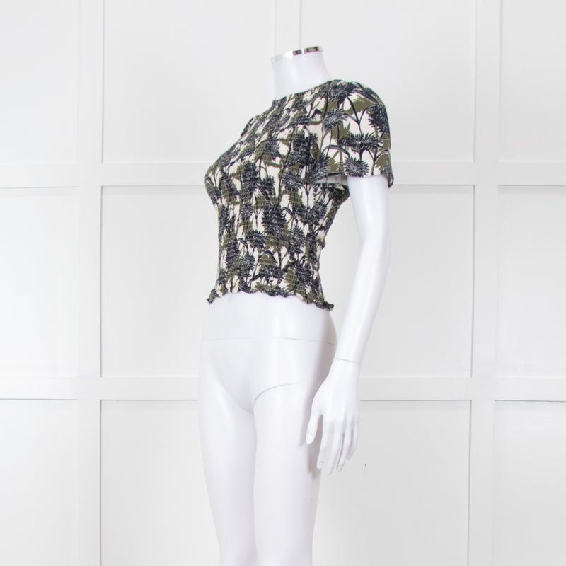 Me + Em Cream Green Black Floral Smocking Top
