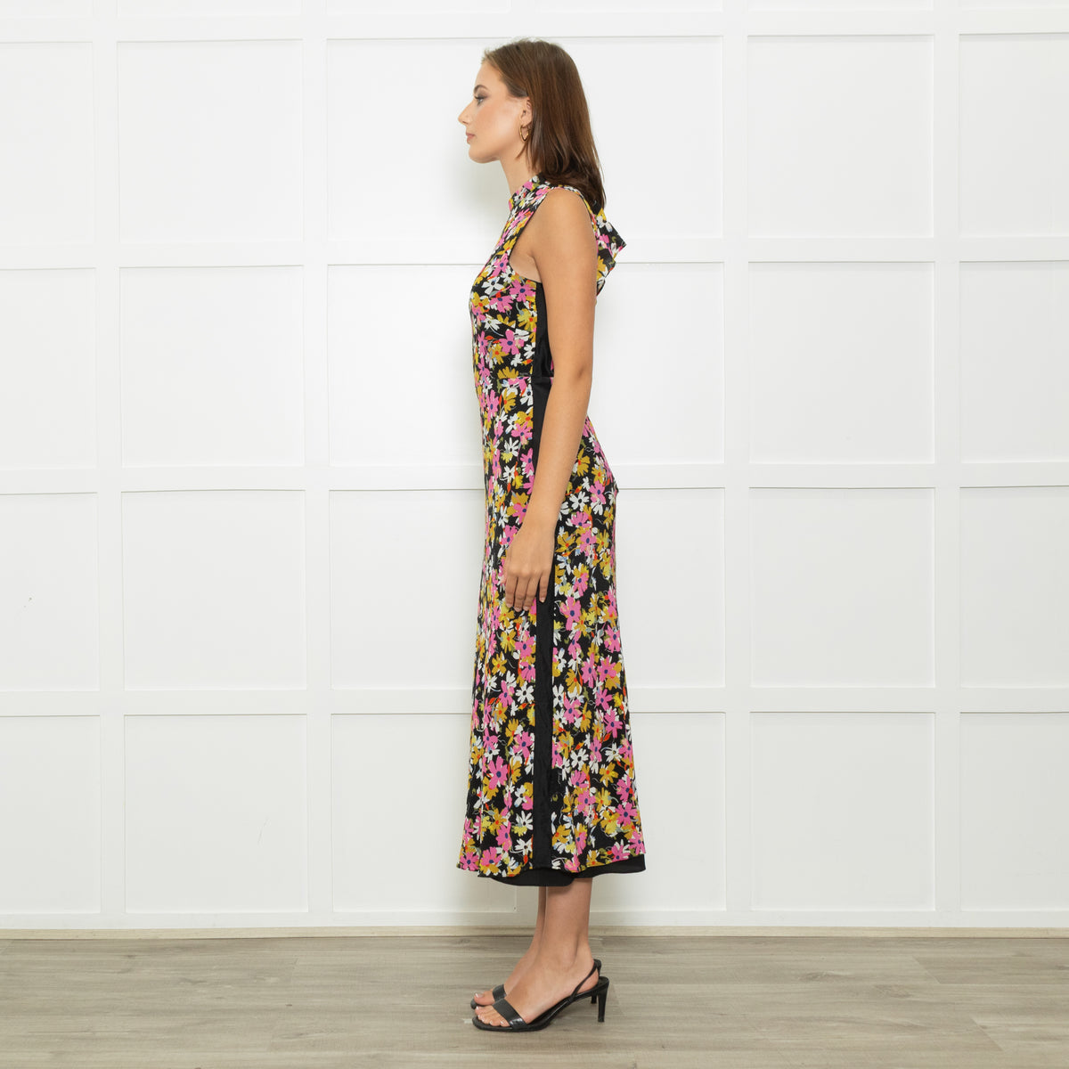 Saloni Black Pink White Floral Open Back Long Dress