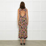 Saloni Black Pink White Floral Open Back Long Dress