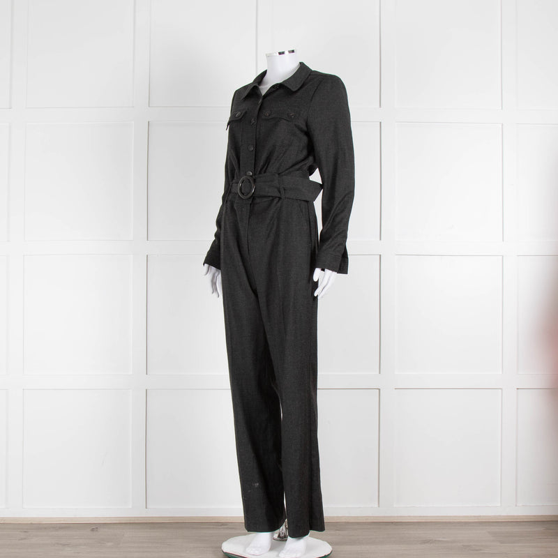 Sezane Grey Belted Waist Jumpsuit with Collar