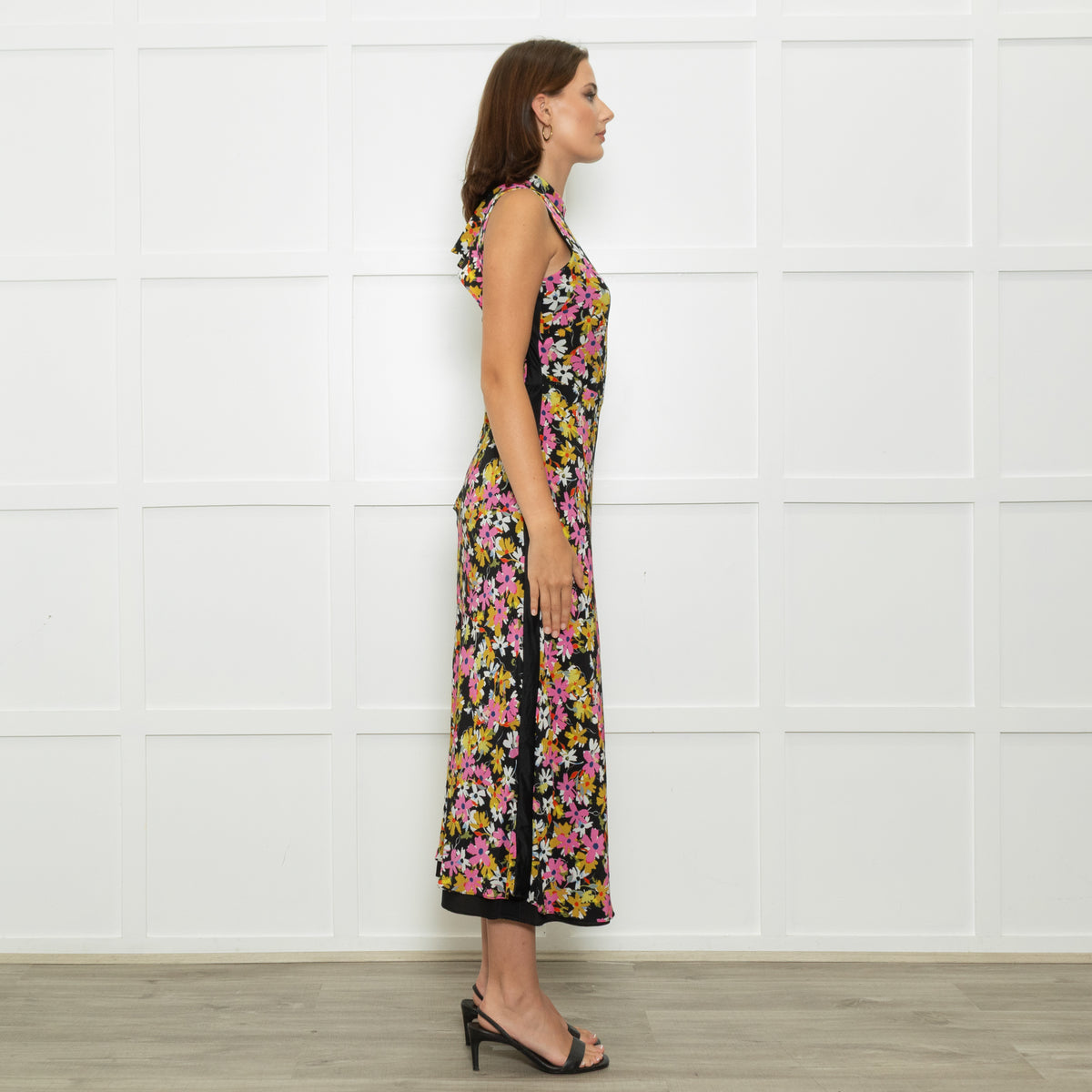 Saloni Black Pink White Floral Open Back Long Dress