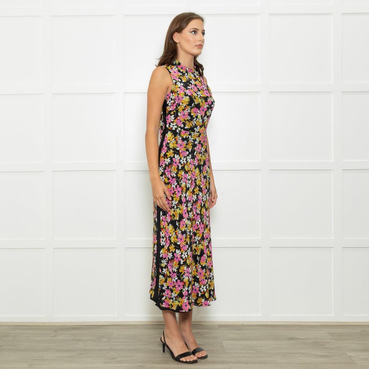 Saloni Black Pink White Floral Open Back Long Dress