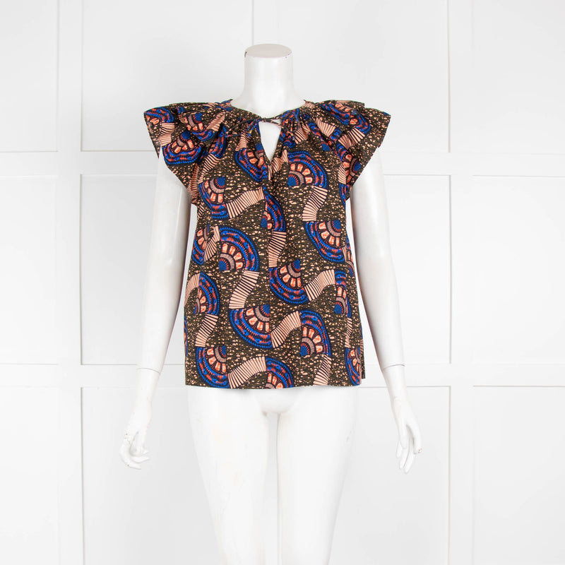 Ulla Johnson Brown Peach Print Cotton Frill Short Sleeve Top