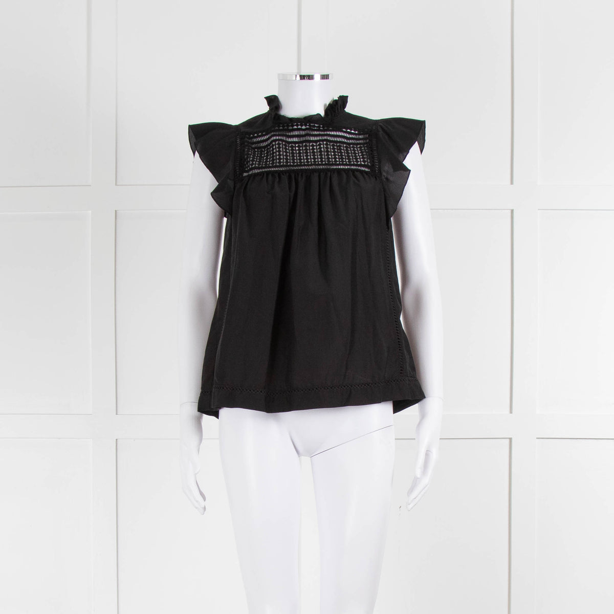 7 For All Mankind Black Cotton Silk Blend Lace Detail Top