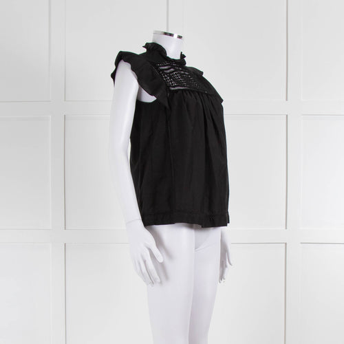 7 For All Mankind Black Cotton Silk Blend Lace Detail Top