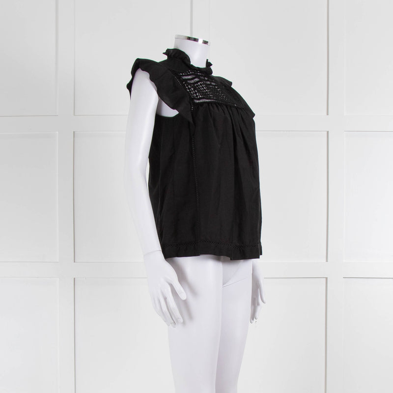 7 For All Mankind Black Cotton Silk Blend Lace Detail Top