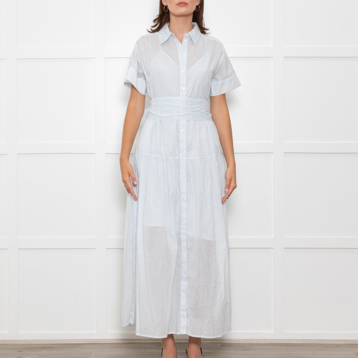 Me + Em Light Blue Button Up Front Short Sleeve Cotton Maxi Dress With Slip