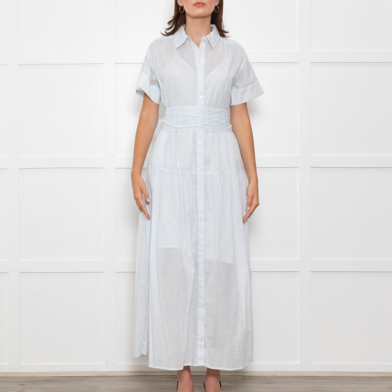 Me + Em Light Blue Button Up Front Short Sleeve Cotton Maxi Dress With Slip