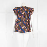 Ulla Johnson Brown Peach Print Cotton Frill Short Sleeve Top