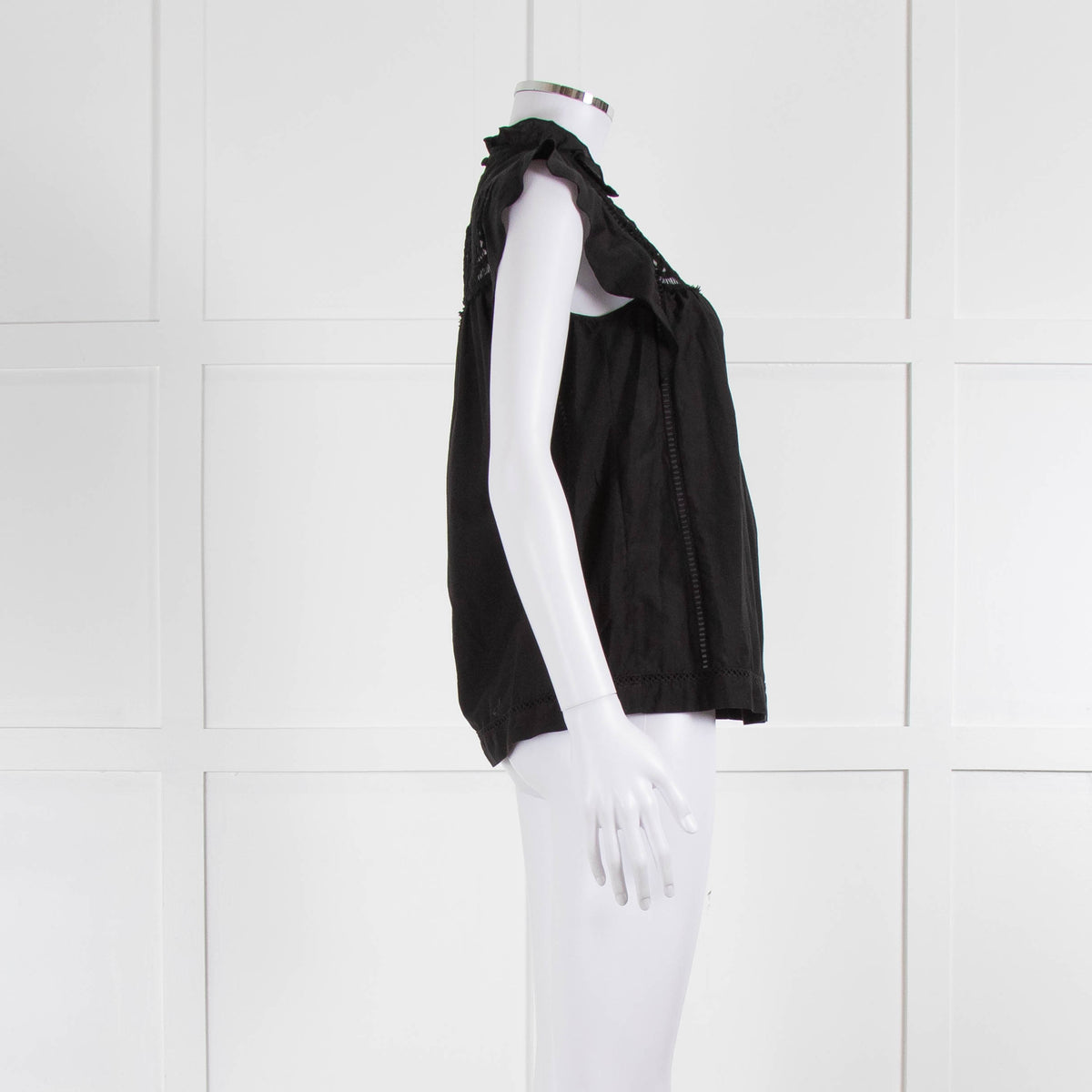 7 For All Mankind Black Cotton Silk Blend Lace Detail Top