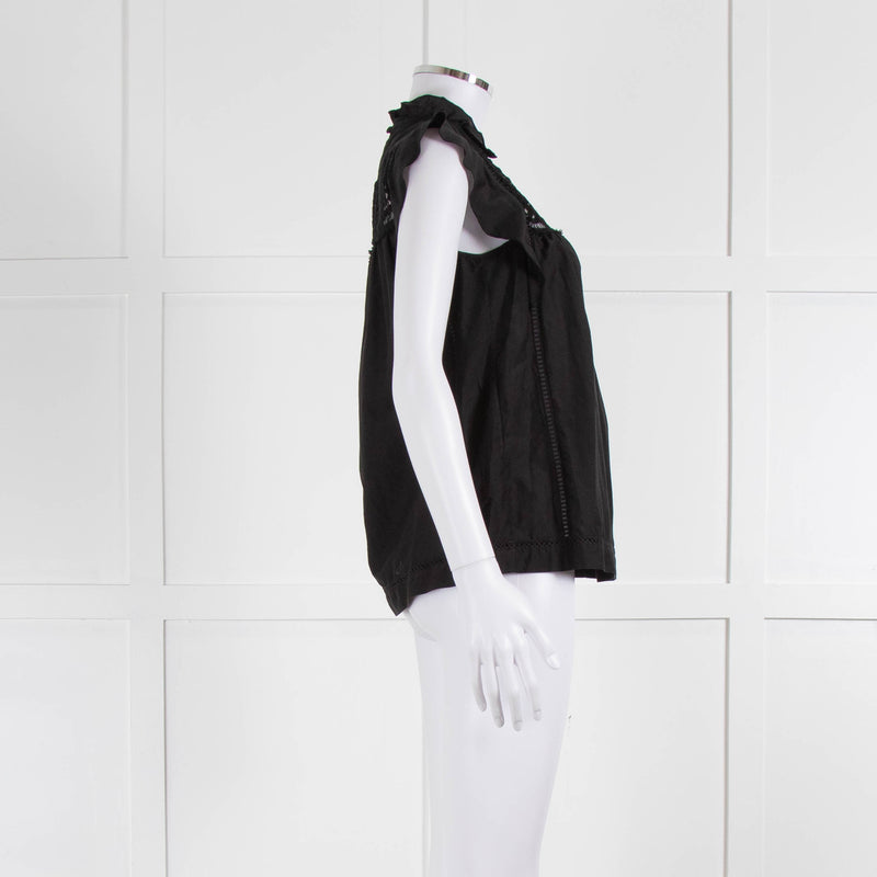 7 For All Mankind Black Cotton Silk Blend Lace Detail Top