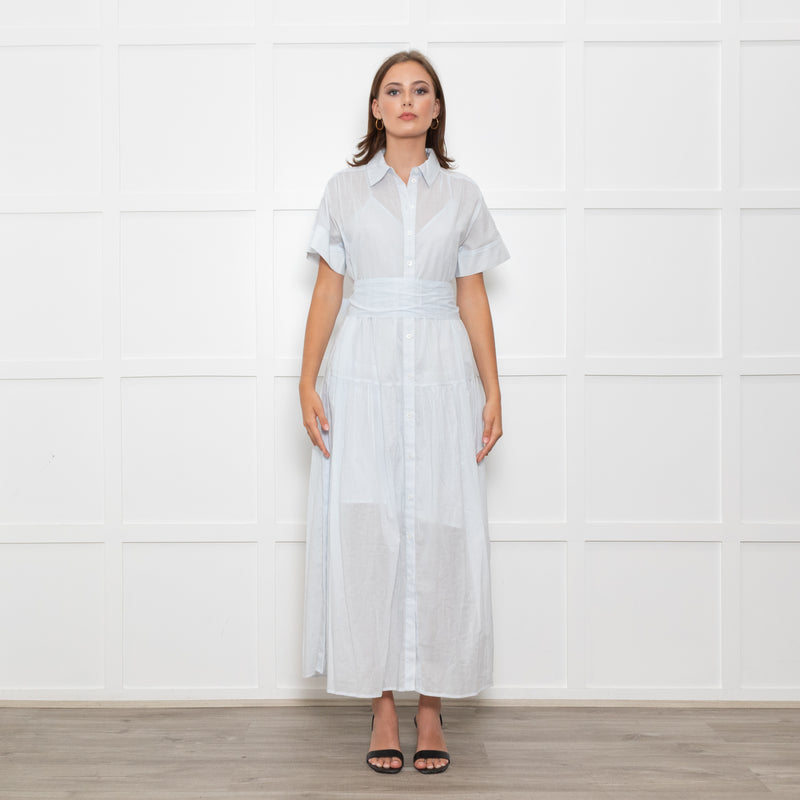 Me + Em Light Blue Button Up Front Short Sleeve Cotton Maxi Dress With Slip