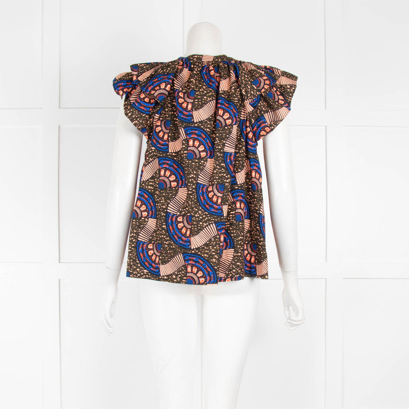 Ulla Johnson Brown Peach Print Cotton Frill Short Sleeve Top