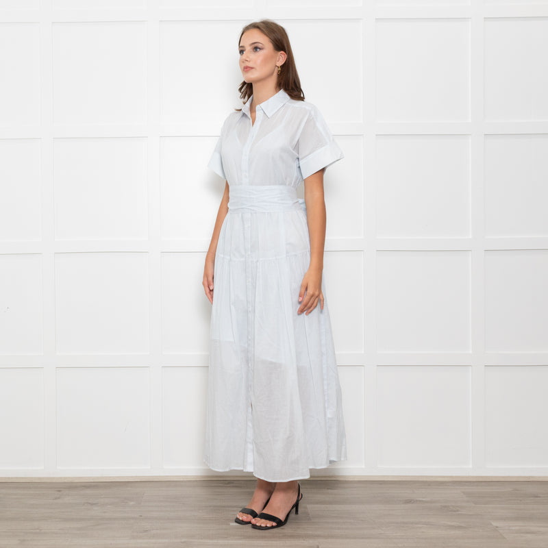 Me + Em Light Blue Button Up Front Short Sleeve Cotton Maxi Dress With Slip