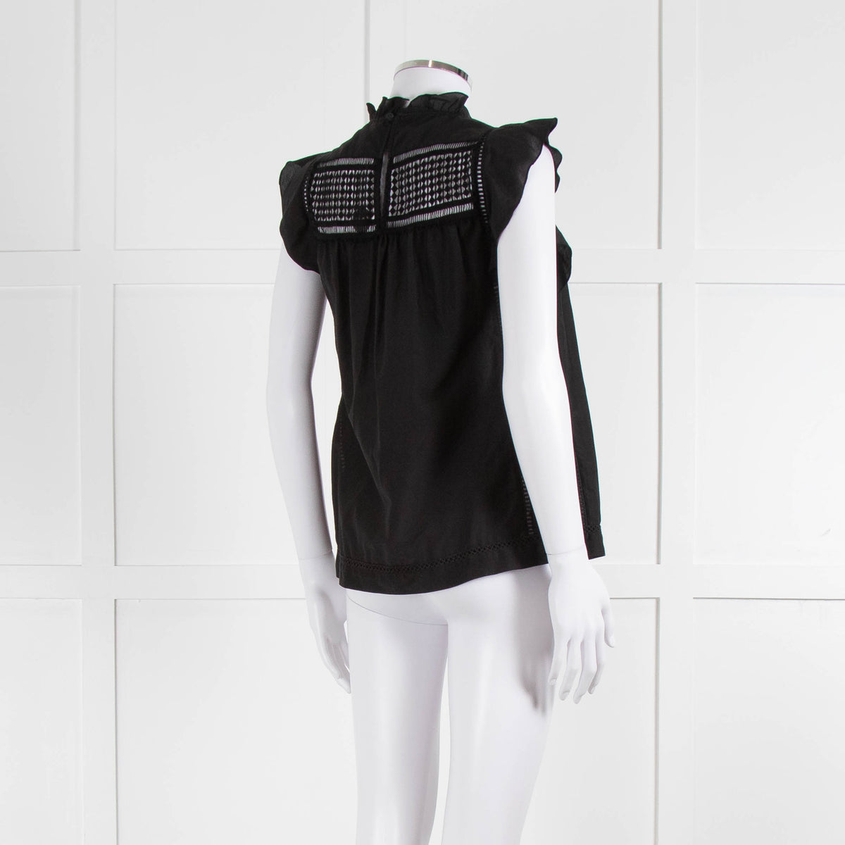 7 For All Mankind Black Cotton Silk Blend Lace Detail Top