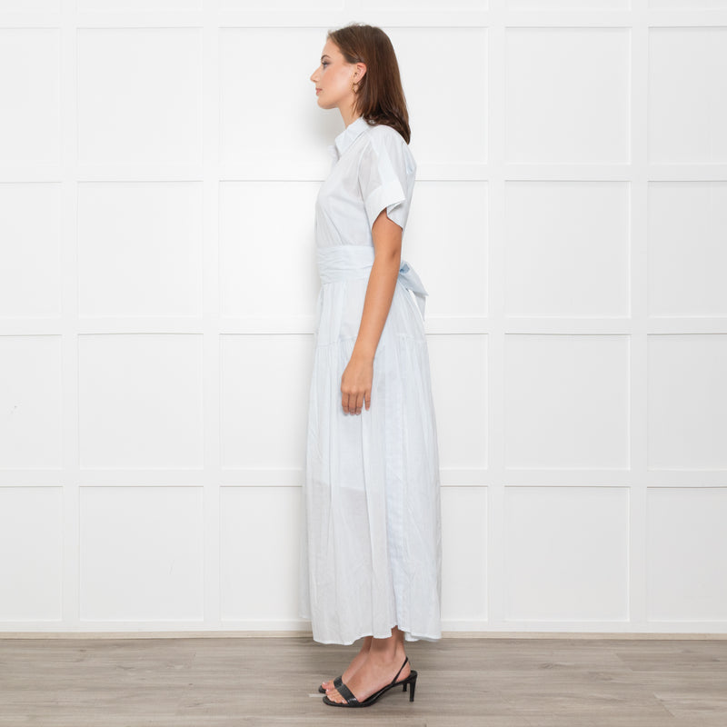 Me + Em Light Blue Button Up Front Short Sleeve Cotton Maxi Dress With Slip