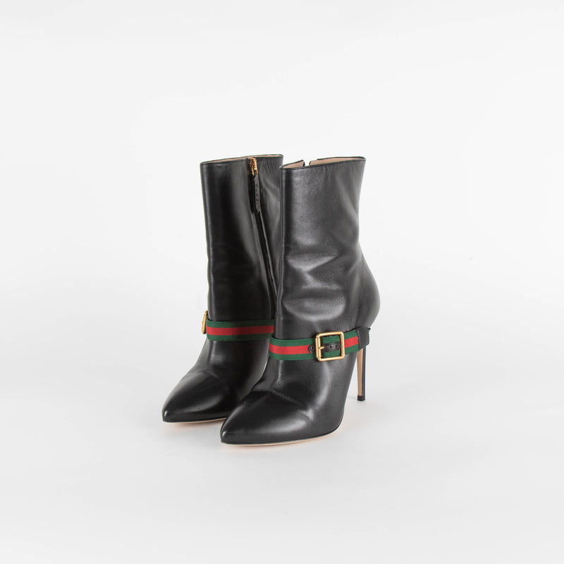 Gucci Black Charlotte Boots Red Green Gross Grain With Buckle