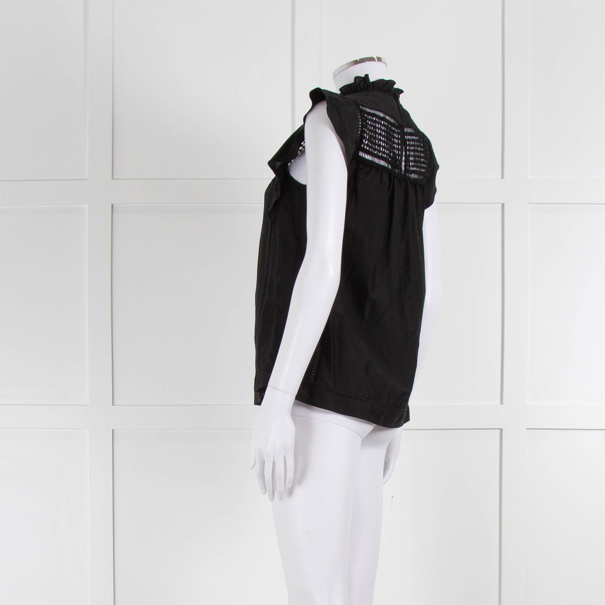 7 For All Mankind Black Cotton Silk Blend Lace Detail Top