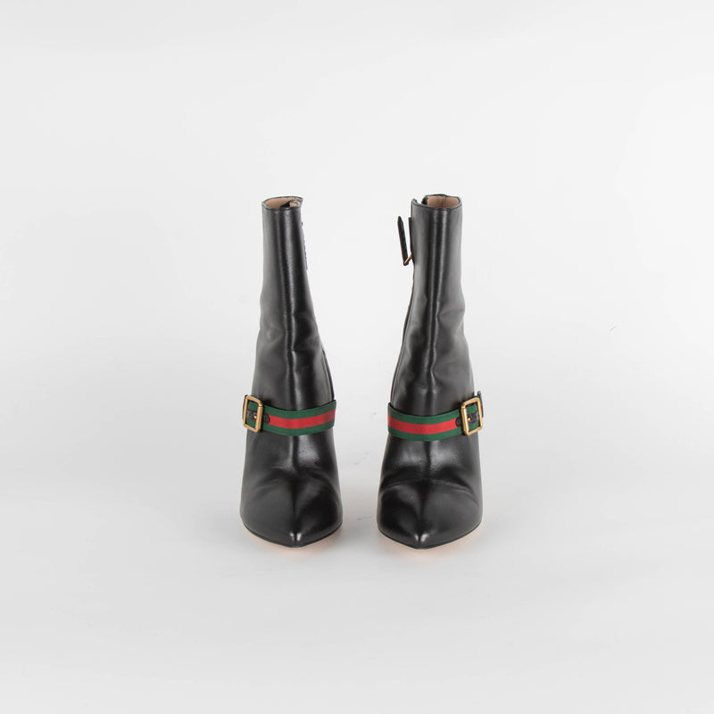 Gucci Black Charlotte Boots Red Green Gross Grain With Buckle