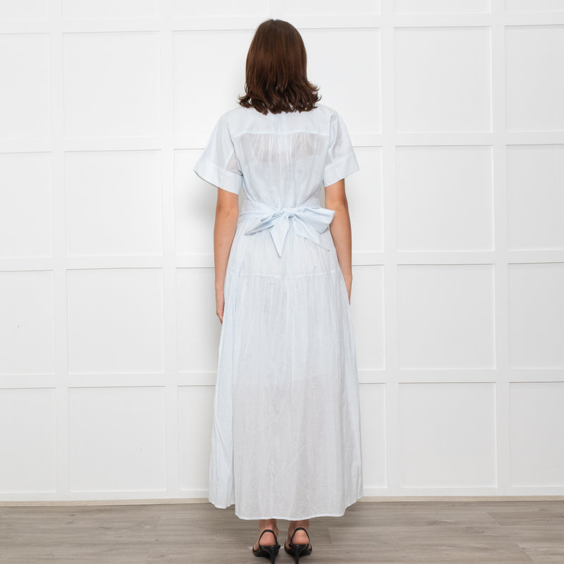 Me + Em Light Blue Button Up Front Short Sleeve Cotton Maxi Dress With Slip