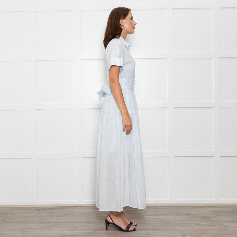 Me + Em Light Blue Button Up Front Short Sleeve Cotton Maxi Dress With Slip
