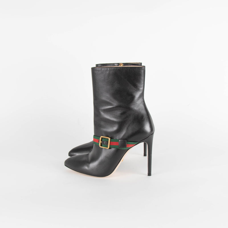 Gucci Black Charlotte Boots Red Green Gross Grain With Buckle