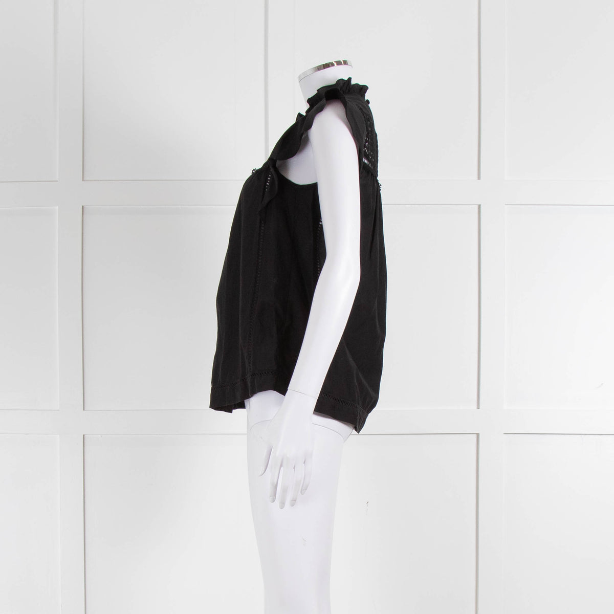 7 For All Mankind Black Cotton Silk Blend Lace Detail Top