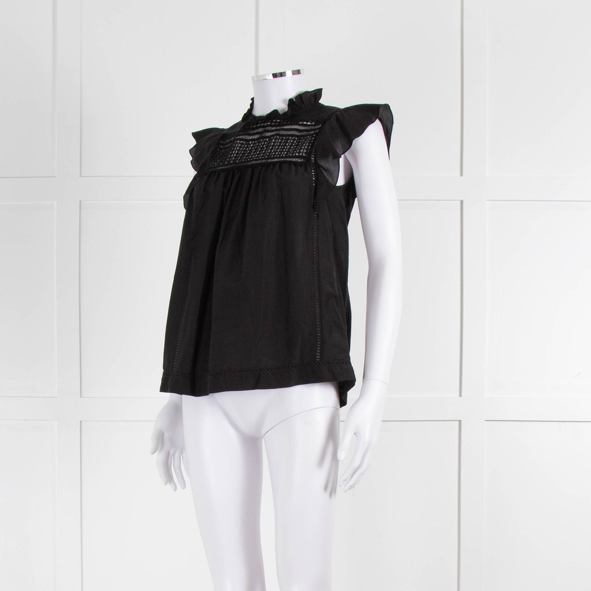 7 For All Mankind Black Cotton Silk Blend Lace Detail Top