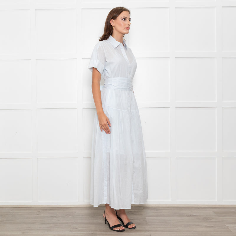 Me + Em Light Blue Button Up Front Short Sleeve Cotton Maxi Dress With Slip