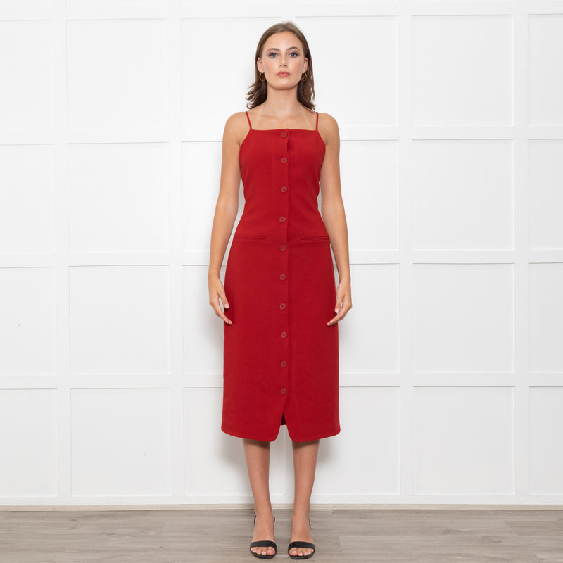 Staud Brick Red Button Front Strappy Shift Dress