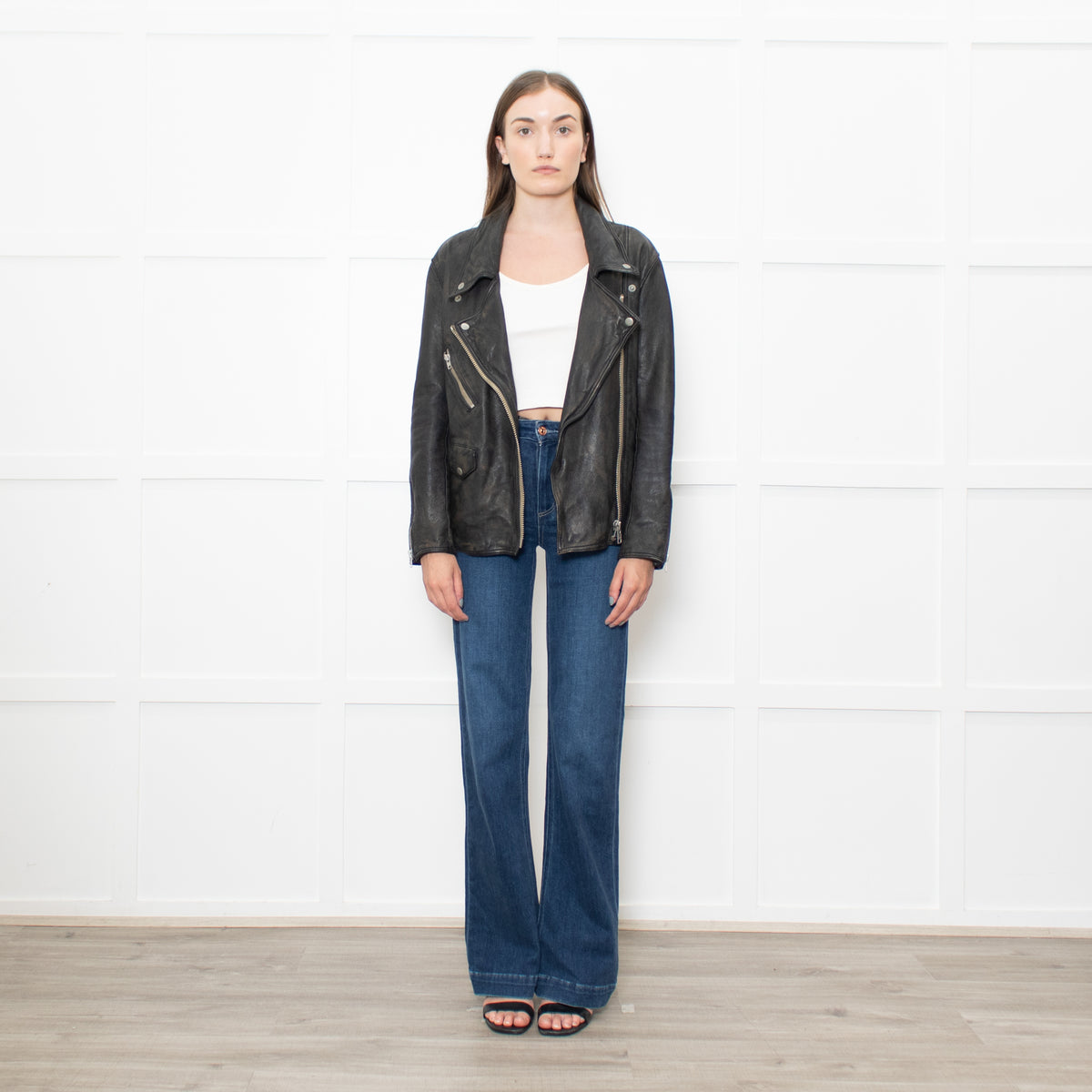 Free People Black Aged Leather Biker Jacket