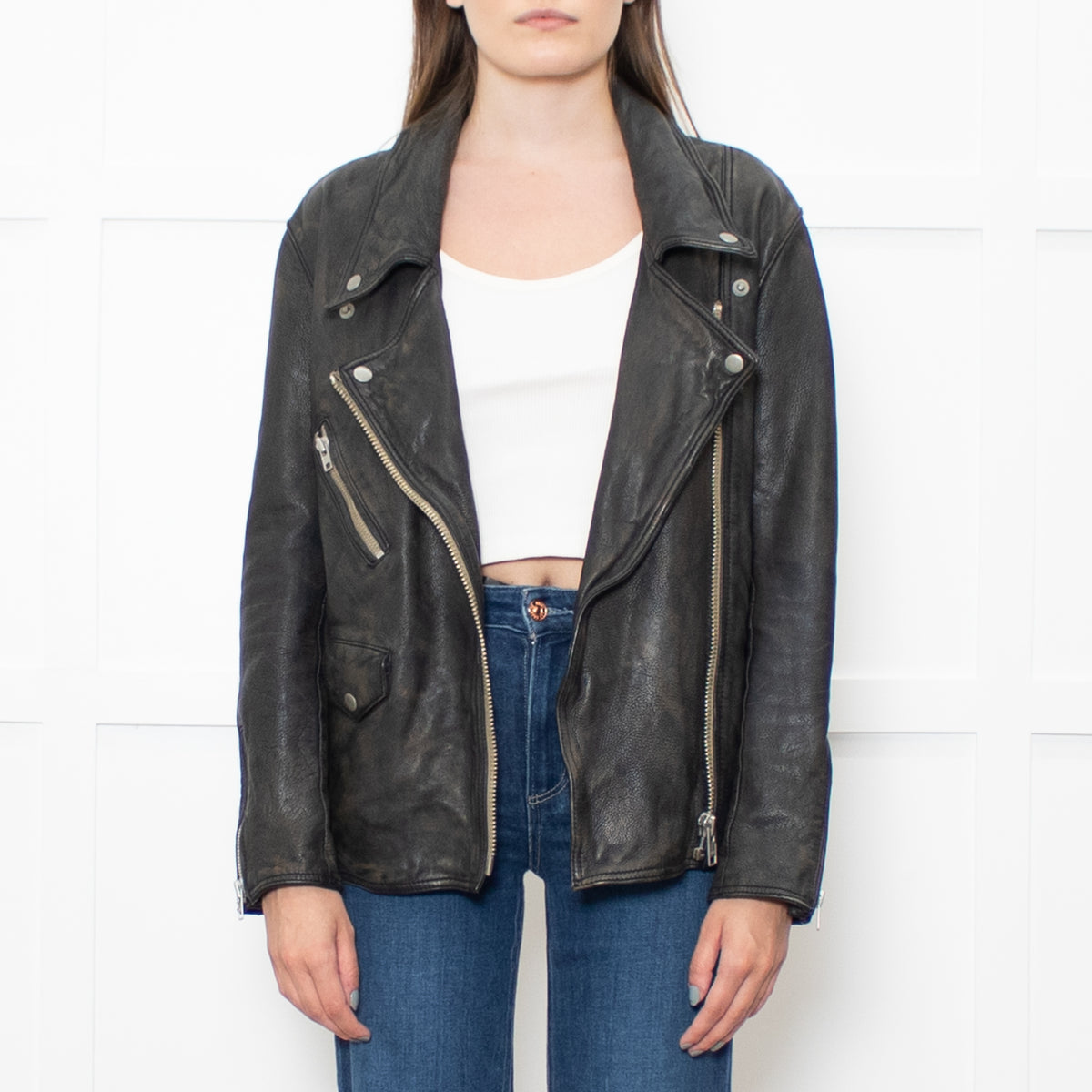 Free People Black Aged Leather Biker Jacket
