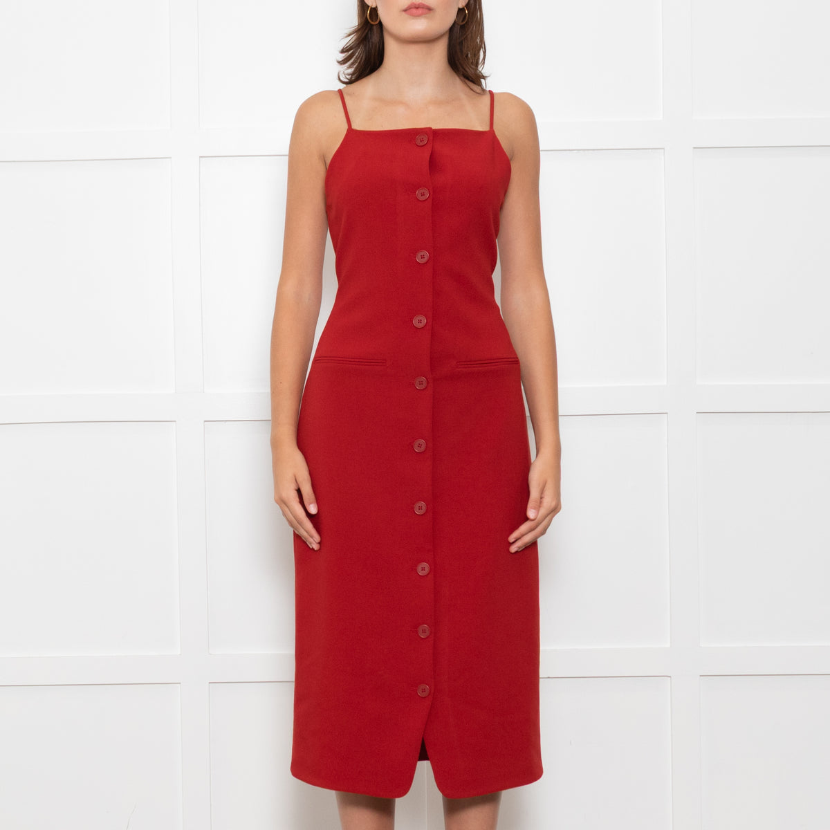Staud Brick Red Button Front Strappy Shift Dress