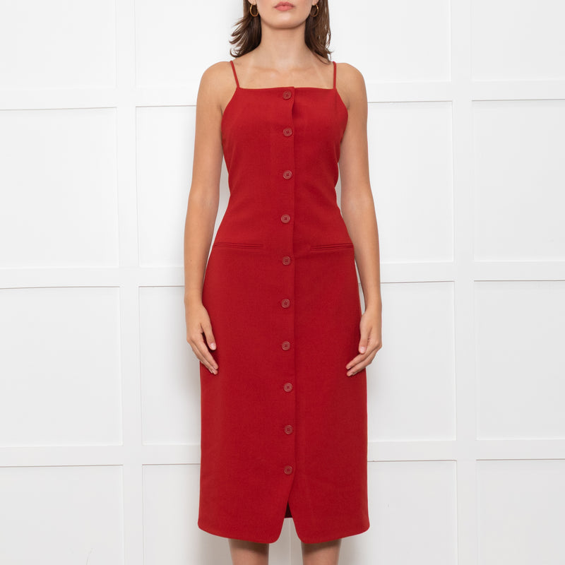 Staud Brick Red Button Front Strappy Shift Dress