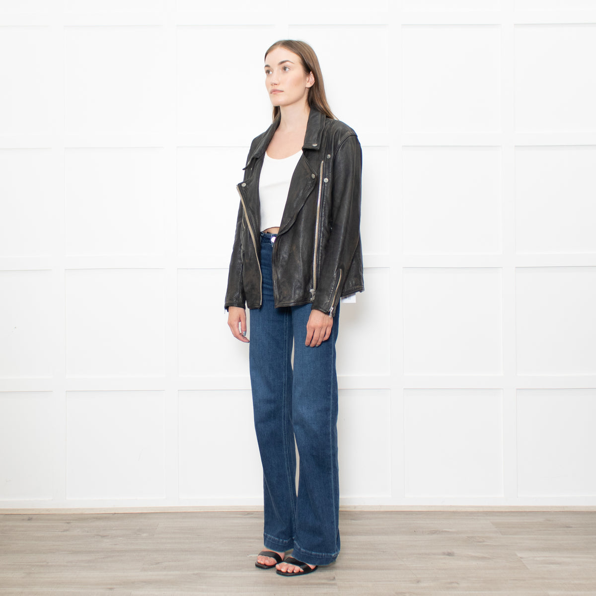 Free People Black Aged Leather Biker Jacket