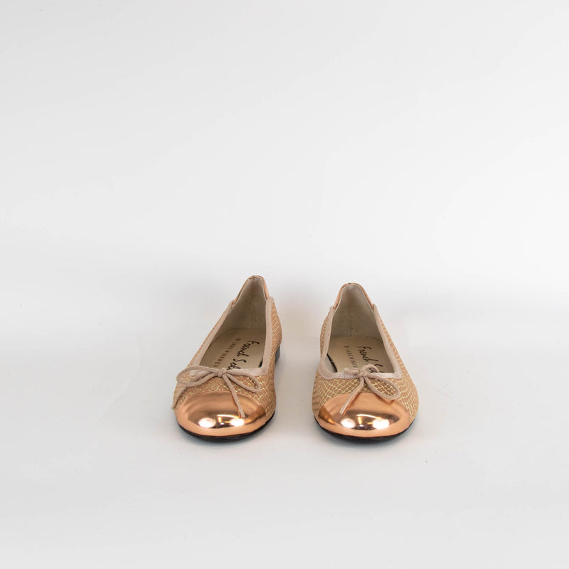 French Sole Rose Gold Embossed Leather Flat Pumps