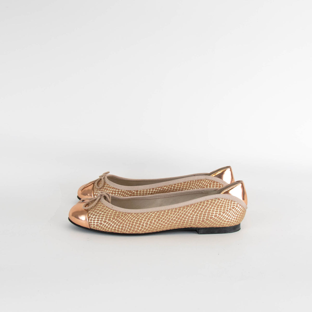 French Sole Rose Gold Embossed Leather Flat Pumps