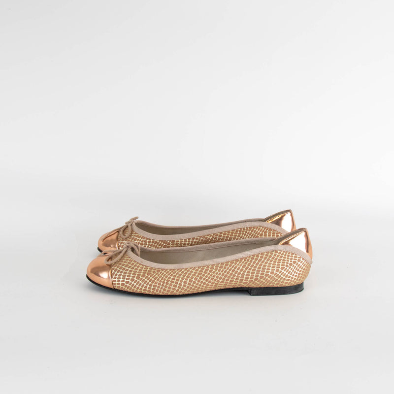 French Sole Rose Gold Embossed Leather Flat Pumps