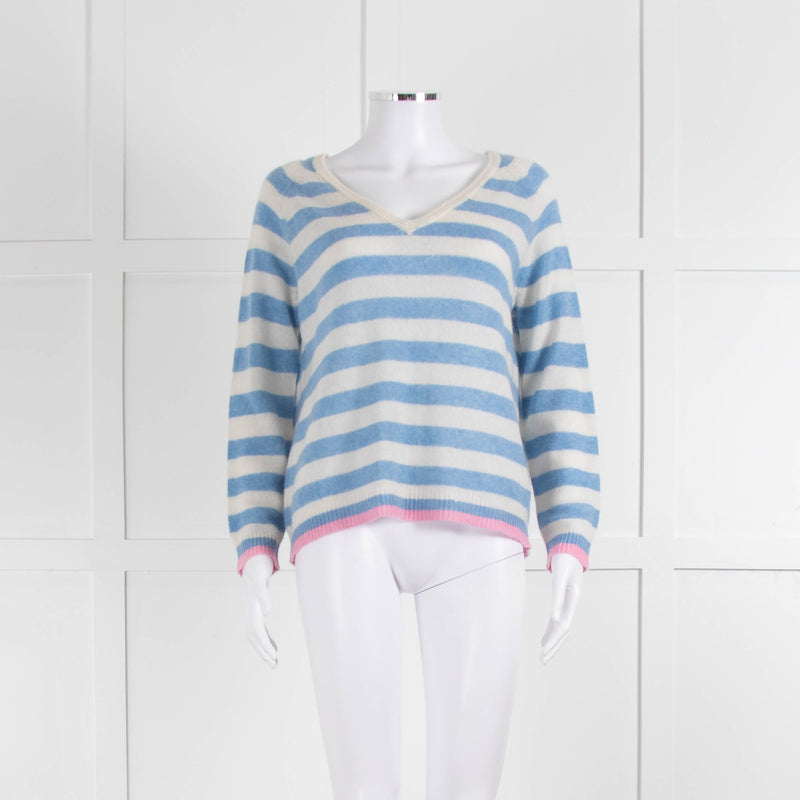 Jumper 1234 Pale Blue Cream Stripe Pink Trim Cashmere Sweater