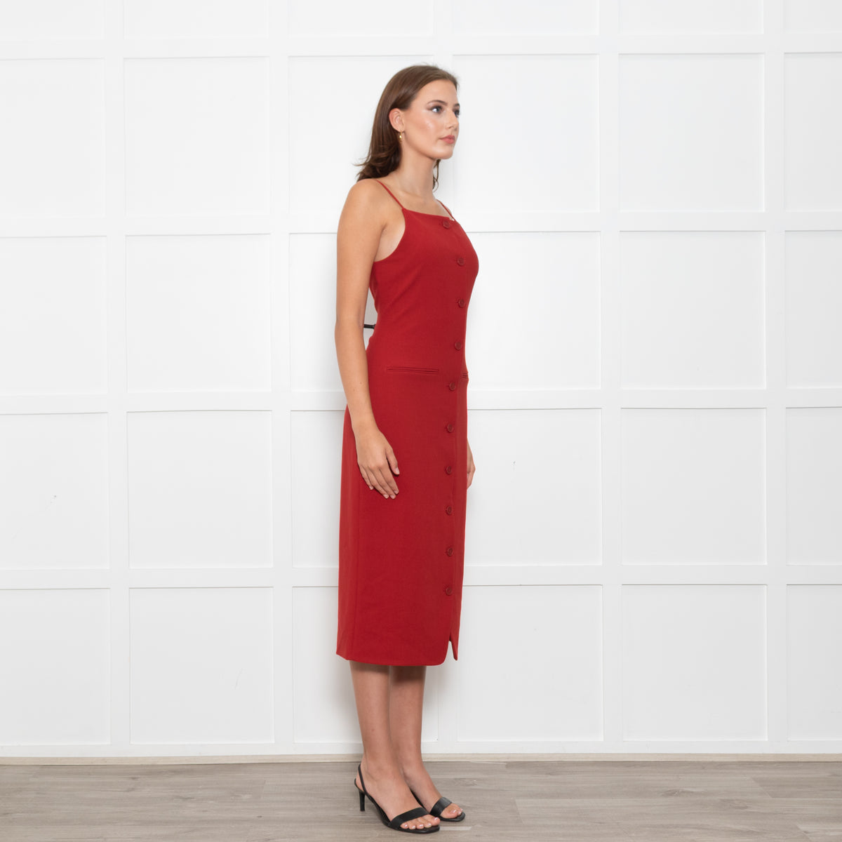 Staud Brick Red Button Front Strappy Shift Dress