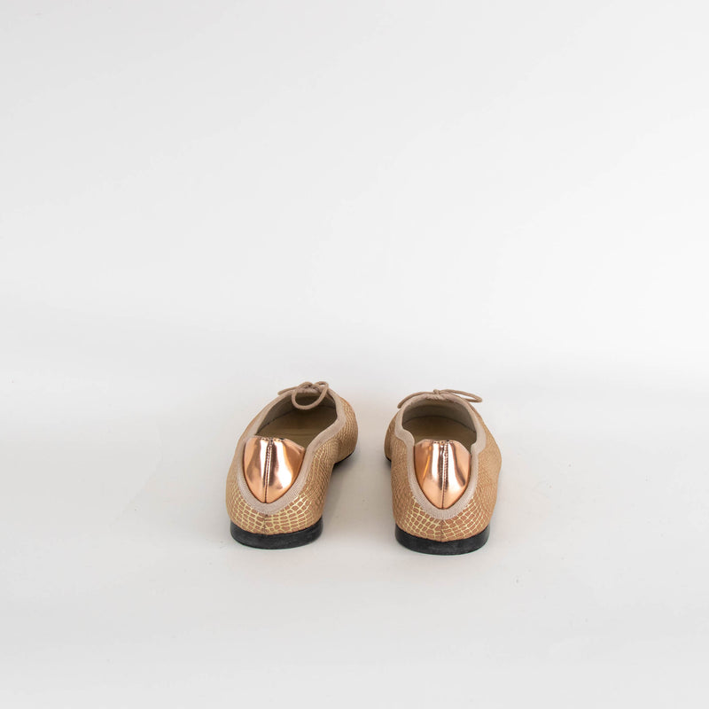 French Sole Rose Gold Embossed Leather Flat Pumps